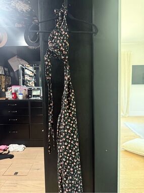 Zara Black Halter Maxi Dress with Pink Floral Print
